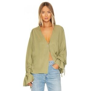 L'Academie Women’s Olive Green Long Tie Sleeve Blouse Small Tencel Relaxed Fit